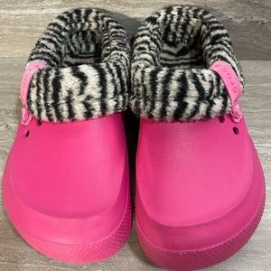 Pink Zebra lined Crocs Girls Size J3 insulated kids crocs